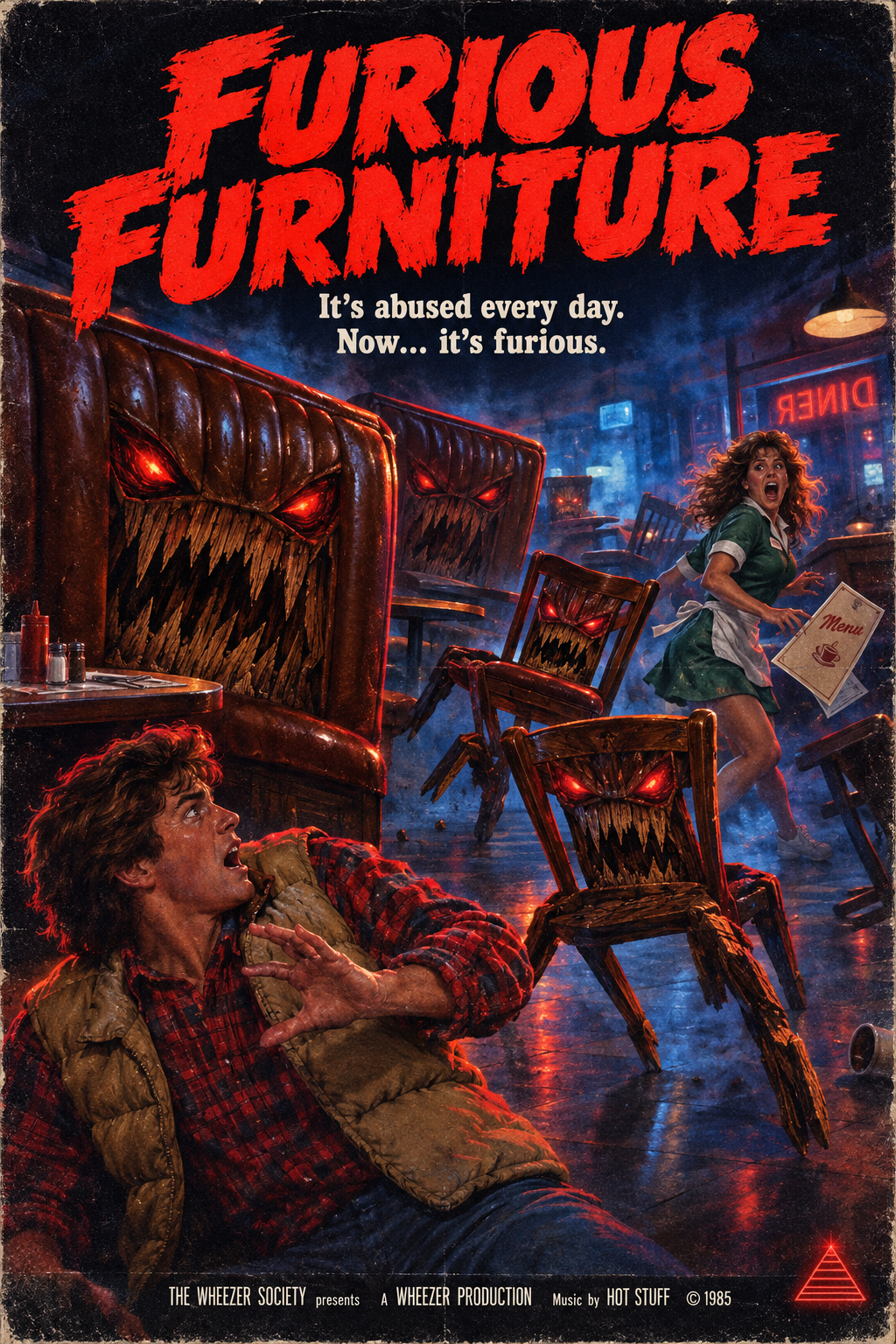 Furious Furniture poster: angry diner furniture pursues frightened patrons. It’s abused every day. Now… it’s furious.